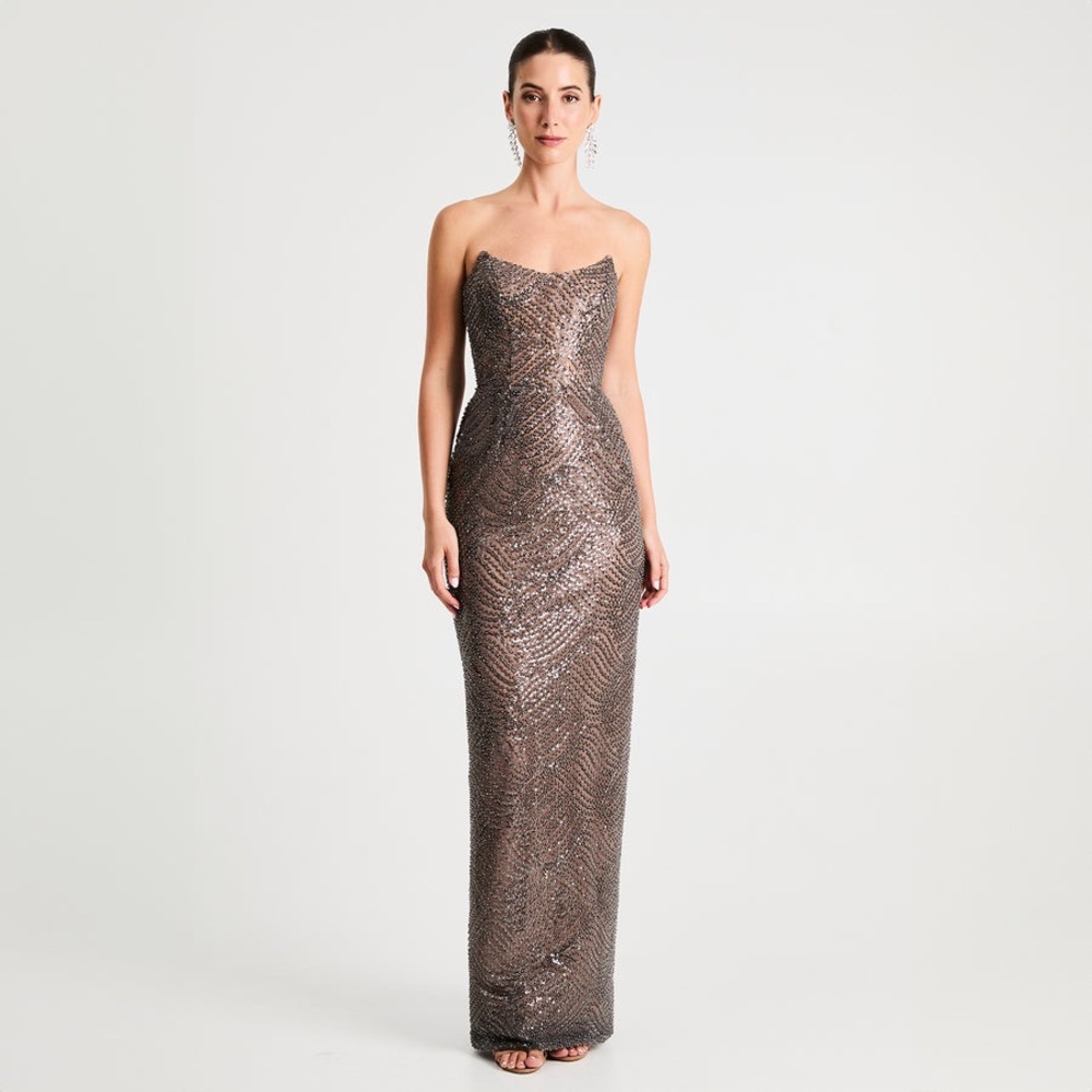 Sequin Strapless Column Evening Dress - Bronze - Picture 2 of 10